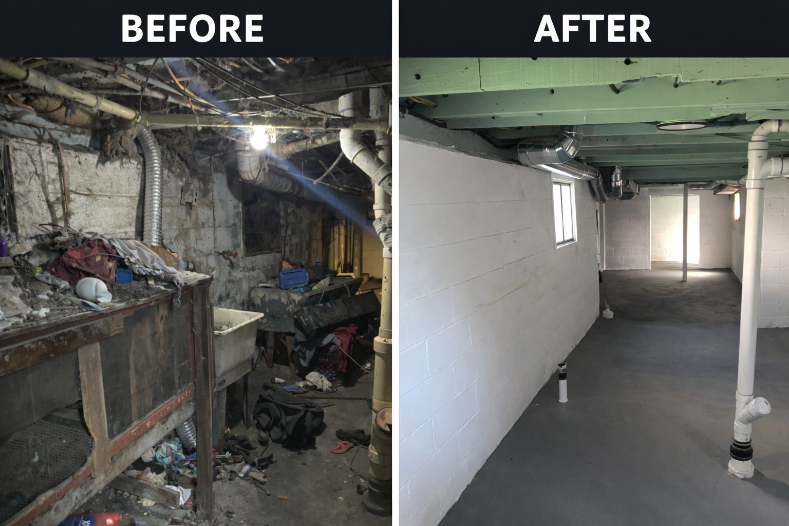 Comparison of a messy, cluttered basement before renovation on the left and a clean, organized basement after renovation on the right.