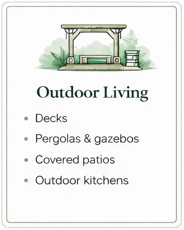 Outdoor Living, Decks Pergolas & gazebos, Covered patios, Outdoor Kitchens