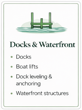 Docks & Waterfront. Docks,Boat Lifts, Dock Leveling & Anchoring.