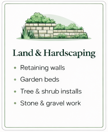 Land & hardscaping. Retaining Walls, Garden beds, Tree & Shrub Installs, Stone & Gravel work.