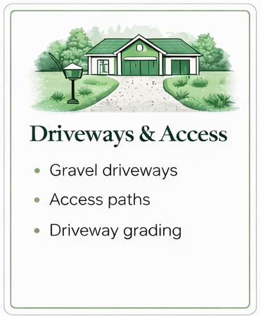 Driveways & Access. Gravel Driveways, Access paths, Driveway grading.