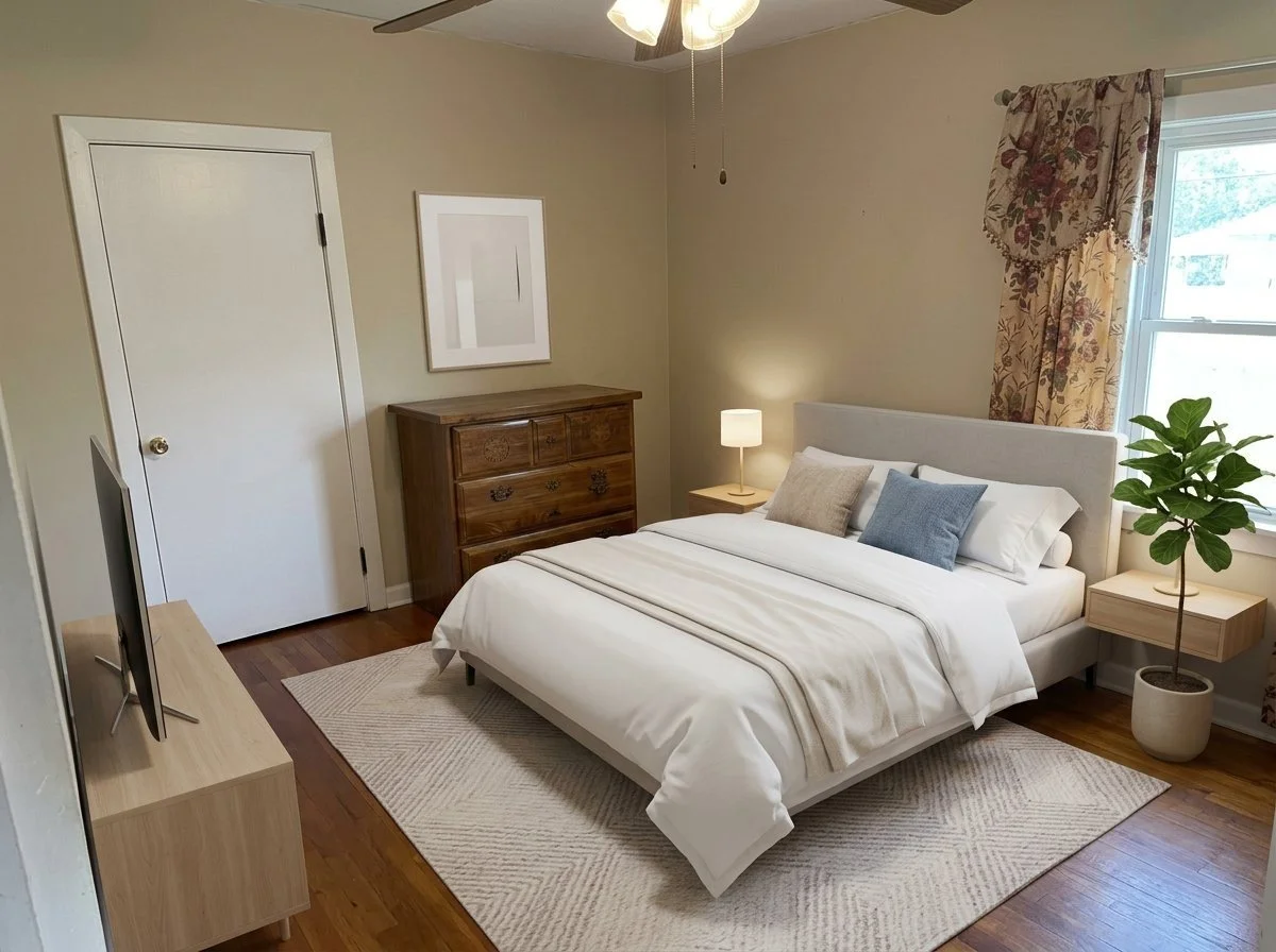 Virtual Staging brightens the previously dim bedroom. Adding a white bed, beige and blue pillows, a bedside table with a lamp, a window with floral curtains, a potted plant, a wooden dresser, and a small TV on a wooden stand. Bright and warm living i