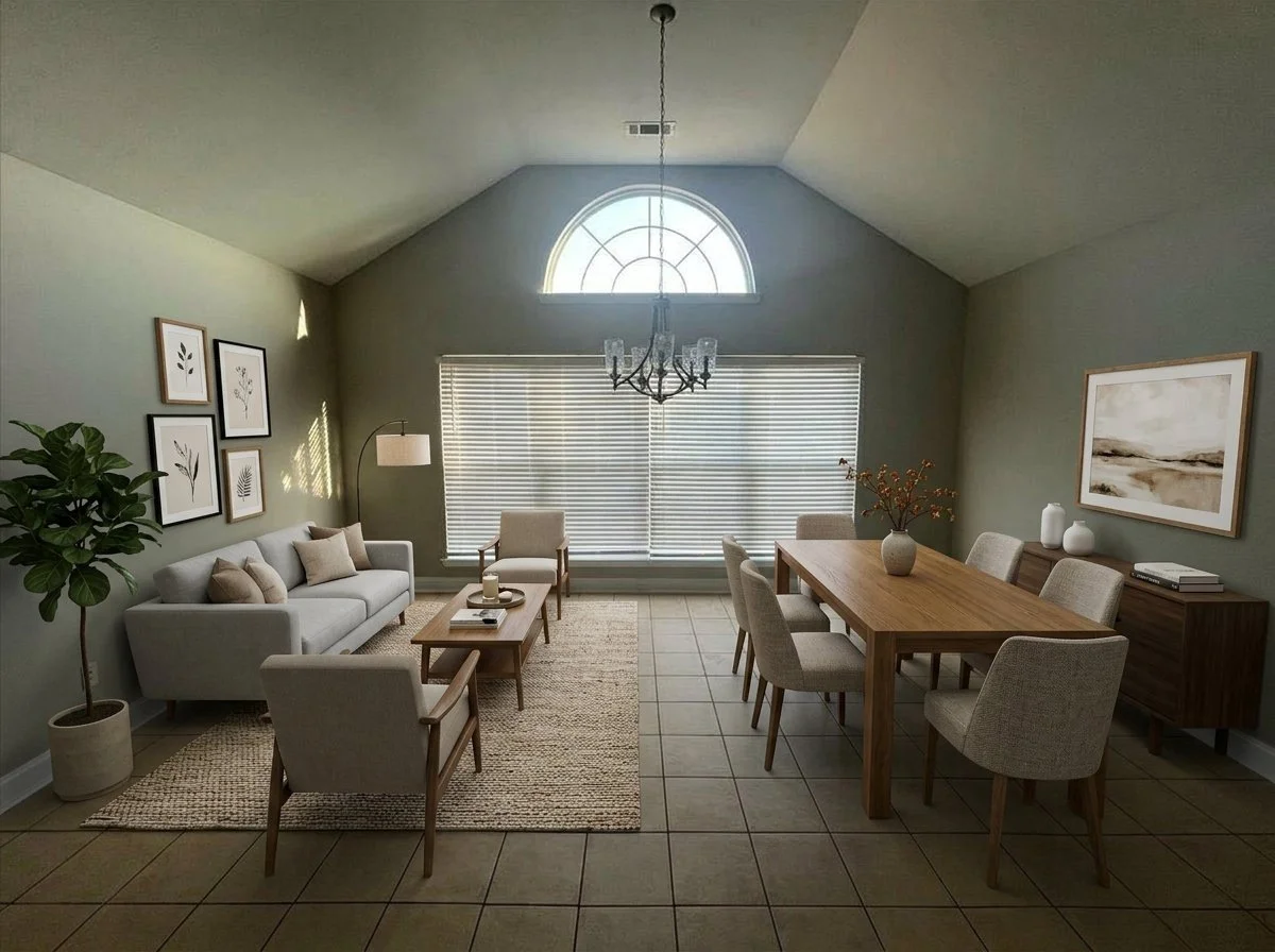 This picture is with Virtual Staging turning the empty space into a Living and dining room with a sofa, armchairs, wooden coffee table, sideboard, framed artwork, large window with blinds, chandelier, potted plant, and decorative vases. Wonderful Int