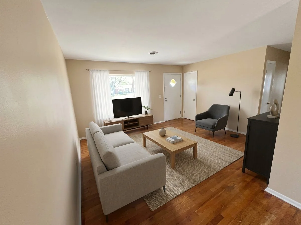 Great room with virtual staging we did for a client with beige walls, hardwood floors, a white sofa, a gray armchair, a wooden coffee table, and a TV on a wooden stand near a window with white curtains.