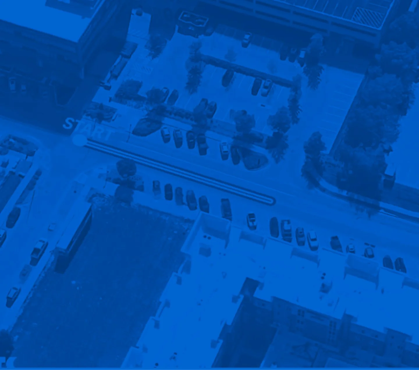 Overhead view of the Aksarben area. The image is tinted blue.