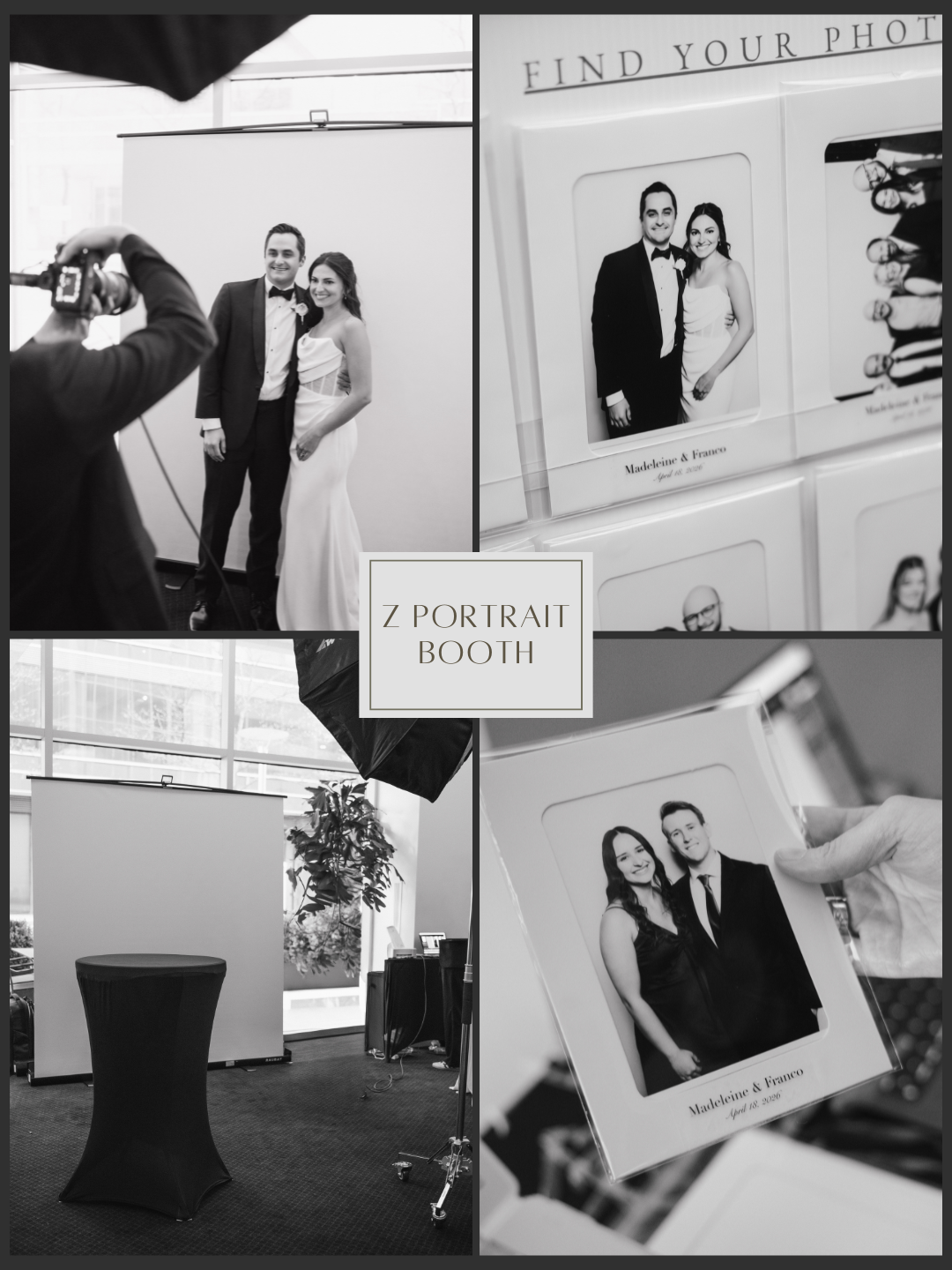 A collage of four black-and-white photos from a wedding portrait booth. The top left shows a photographer taking a picture of a smiling bride and groom in front of a plain backdrop. The top right features a close-up of a photo print with the couple's names, Madeleine and Franco, and the date April 18, 2020. The bottom left displays the portrait booth setup with a screen, lighting, and a tall table in front of a large window. The bottom right shows a hand holding a photo print of the couple, with the couple's names and date printed underneath.