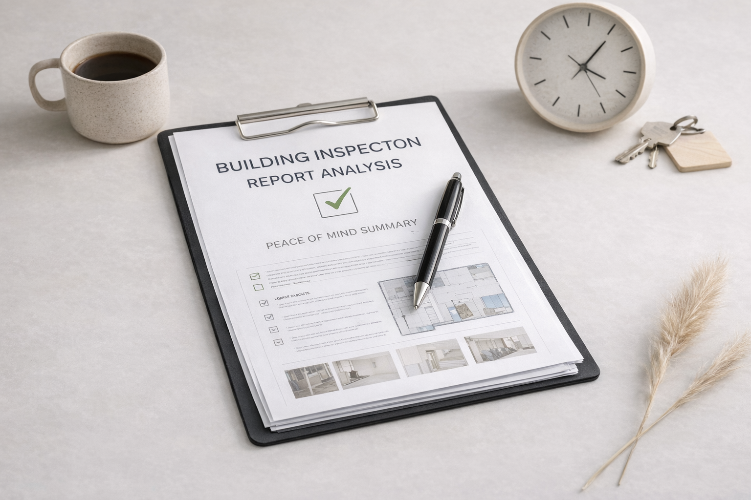 Clipboard with a building inspection report titled 'Peace of Mind Summary' and a pen, accompanied by a cup of coffee, a white clock, keys with a keychain, and dried decorative grass on a white surface.