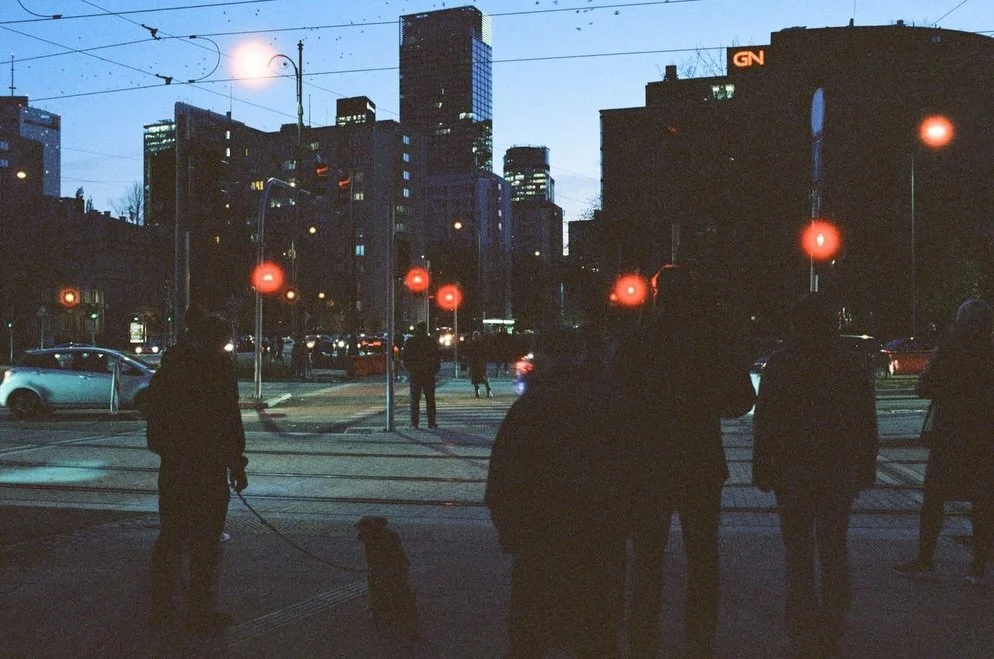 Warsaw after dark on #CineStill 800T in my Canon EOS-1N. The red spill of street light. Then the Palace of Culture and Science. Cinestill was made for exactly this kind of light: tungsten, city night, grain you can feel. The halation around the light