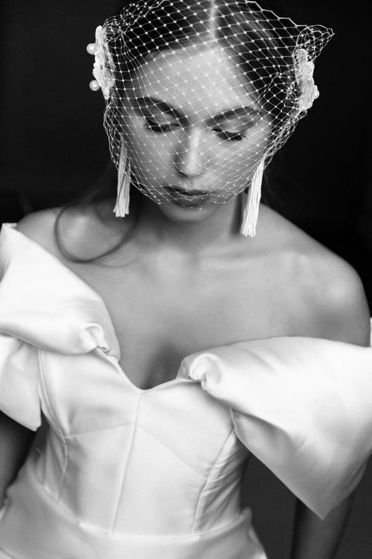 Romantic bridal gown on model, full length studio photography for London wedding dress designer, soft and ethereal light