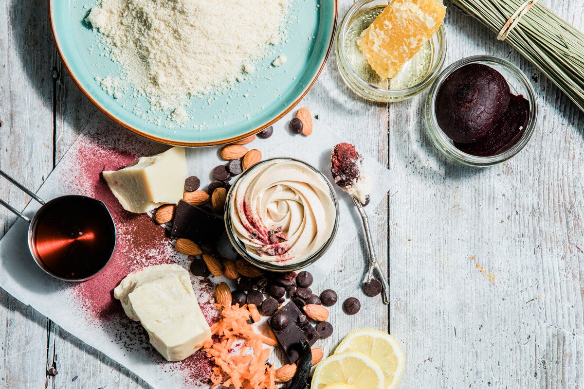 Free-from dessert product shoot for independent London food brand, pudding styled with playful studio light photography