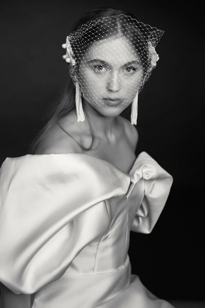Ethereal wedding dress full length studio portrait, romantic bridal collection photography London, independent bridal designer