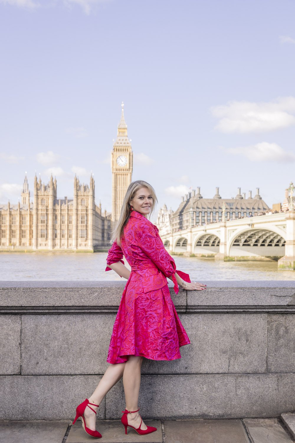 Portrait photography session Westminster London elegant outdoor shoot with classic architecture backdrop.