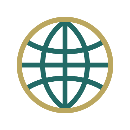Logo d'une planète avec des méridiens et des parallèles en bleu, entourée d'un cercle doré, sur fond noir.