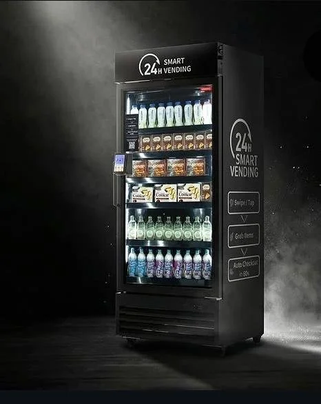 Vending machine stocked with bottled drinks and snacks, labeled as a 24-hour smart vending machine.