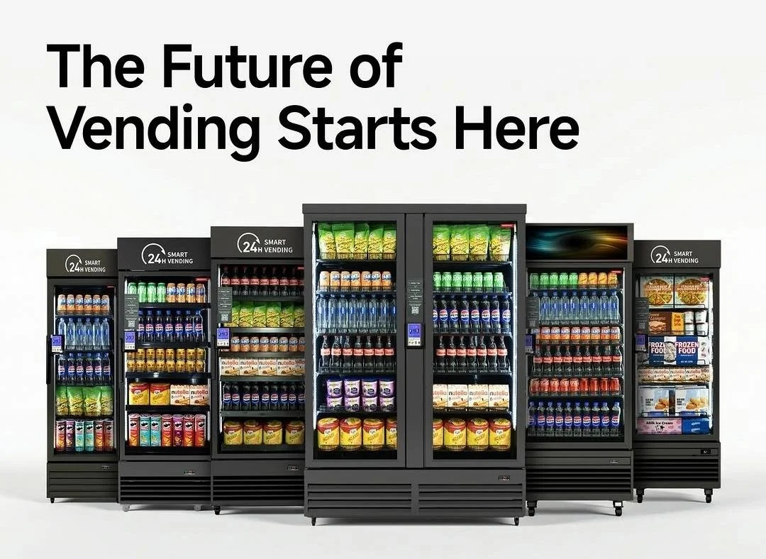 Line of vending machines with snacks and drinks, with the text "The Future of Vending Starts Here" at the top.