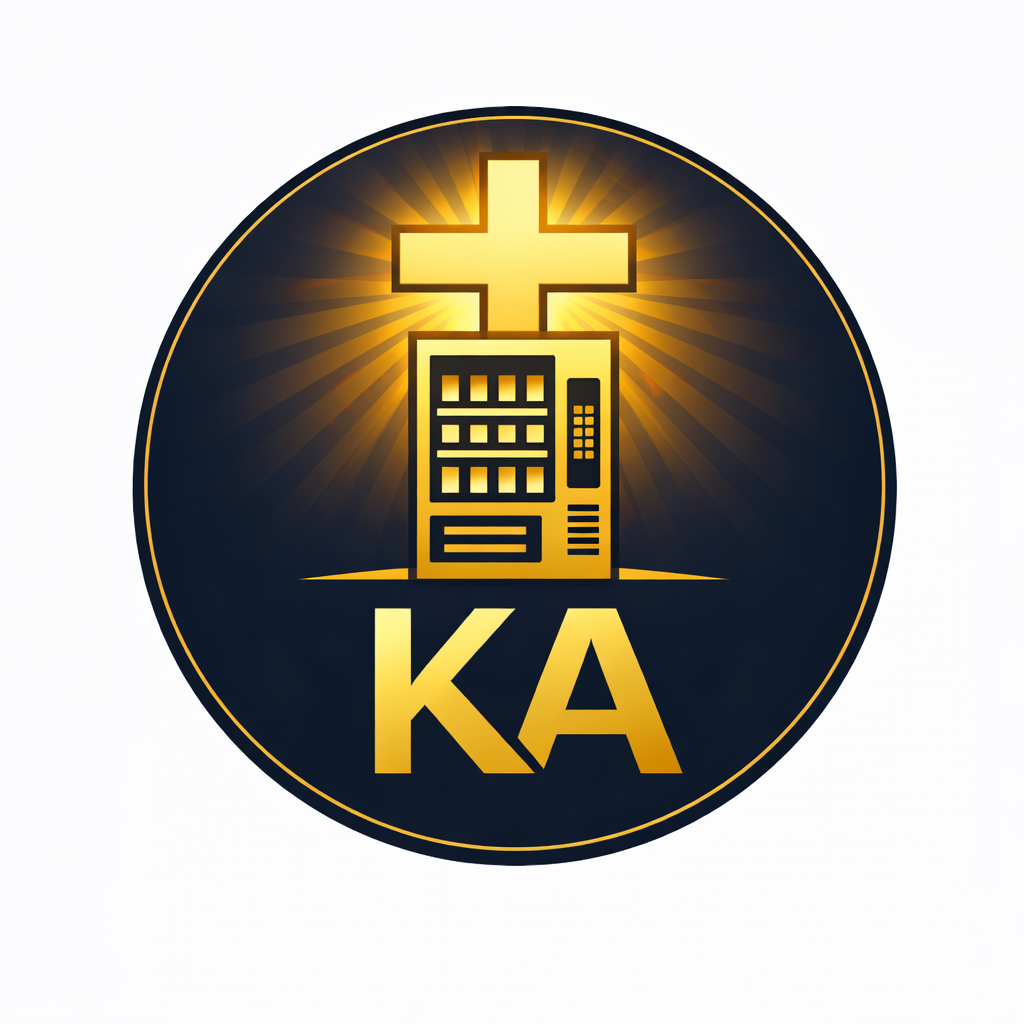 A circular emblem featuring a building with a cross above it, illuminated with gold accents and rays of light, and the letters 'KA' at the bottom.