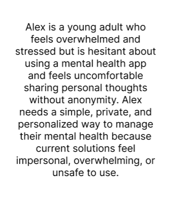 Text explaining that Alex is a young adult overwhelmed and stressed, hesitant to use a mental health app due to privacy concerns, seeking a simple and personalized solution for managing mental health.
