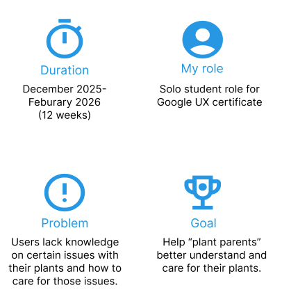 Four sections with blue icons and text about a Google UX certificate course, including duration, role, problem, and goal.