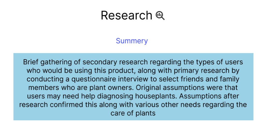 Research report with a blue highlighted section summarizing secondary research on user types and plant owners, including questionnaire interview details.