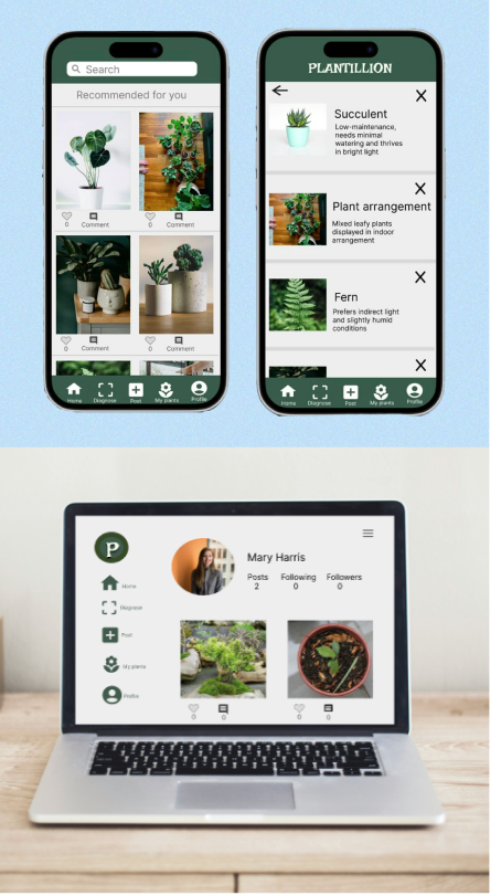 Images of mobile screens displaying plant care and social media apps, with various plant-related features and a profile page.