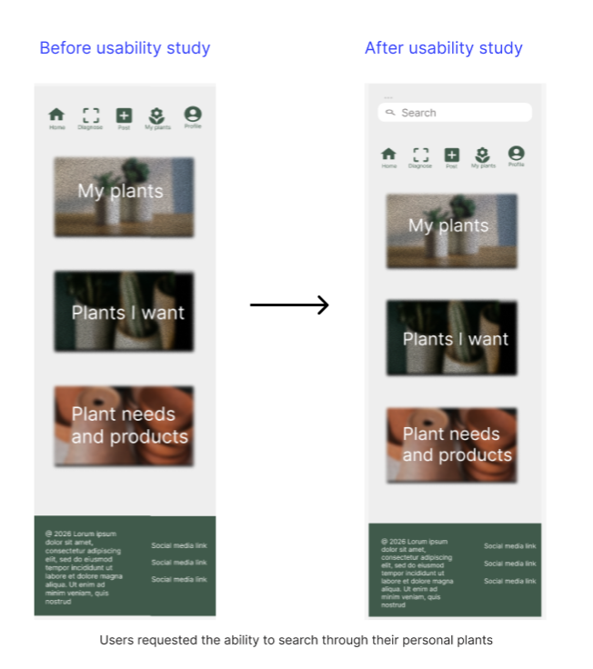 Comparison image showing a mobile app interface before and after a usability study, focused on plant management features.