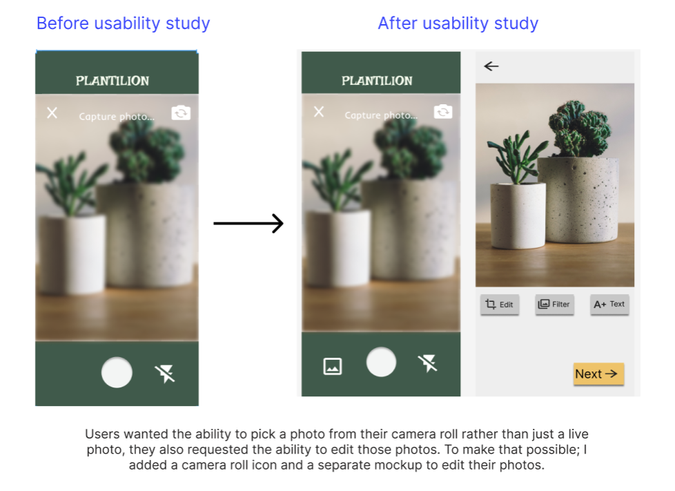 Comparison of two smartphone camera app mockups showing a plant photo editing feature. The left mockup is labeled 'Before usability study' and shows a blurred photo of two potted plants with camera controls. The right mockup is labeled 'After usability study' and displays the same photo in focus with editing options underneath, along with a 'Next' button.