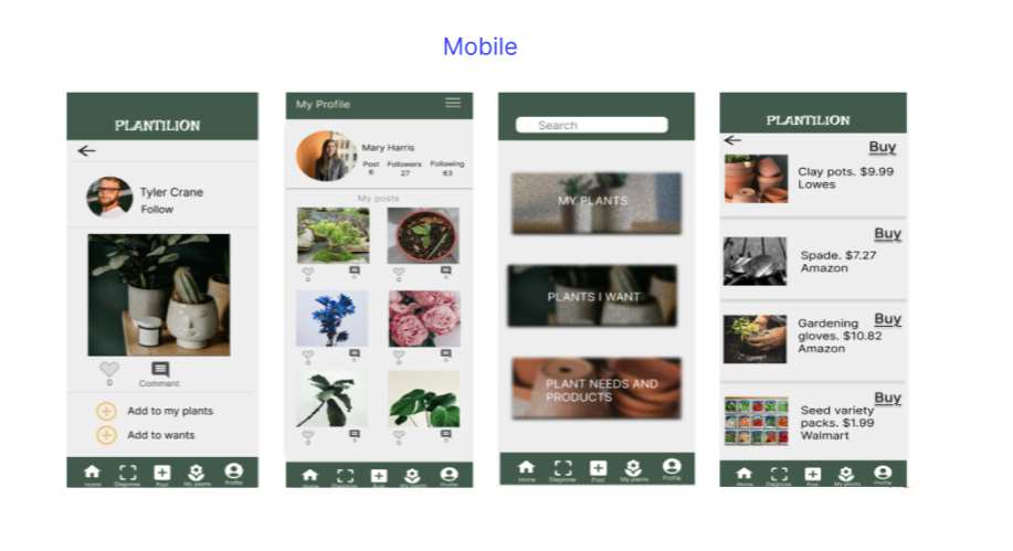 Screenshots of a mobile plant care app showing user profile, plant collections, plant categories, and online plant product shopping.