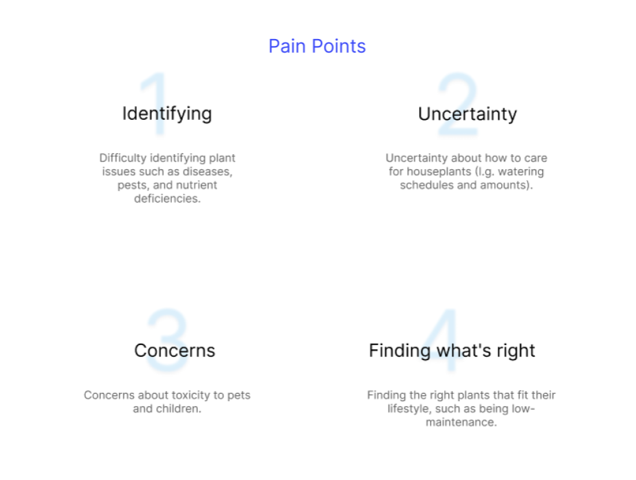 A presentation slide titled 'Pain Points' listing four issues: 1. Identifying plant issues like diseases and pests; 2. Uncertainty about how to care for houseplants; 3. Concerns about toxicity to pets and children; 4. Finding suitable plants that match their lifestyle with low maintenance.