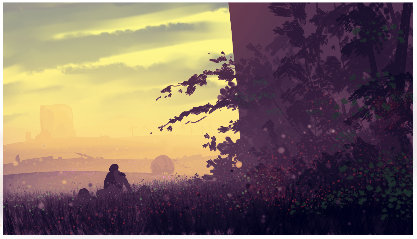 concept art du champ de fleurs en soirée