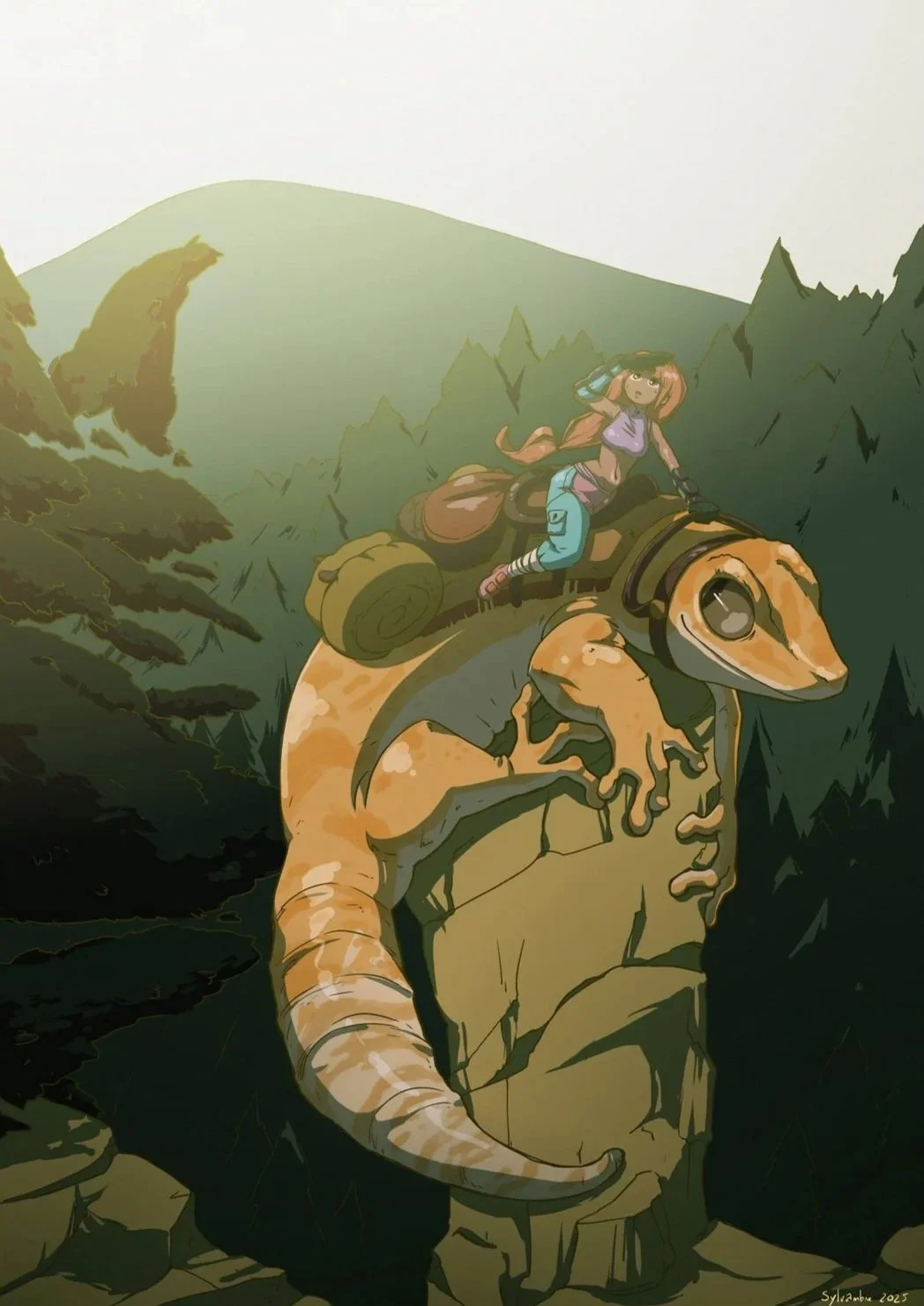 illustration d'un personnage féminin monté sur un lézard géant en haut d'une montagne