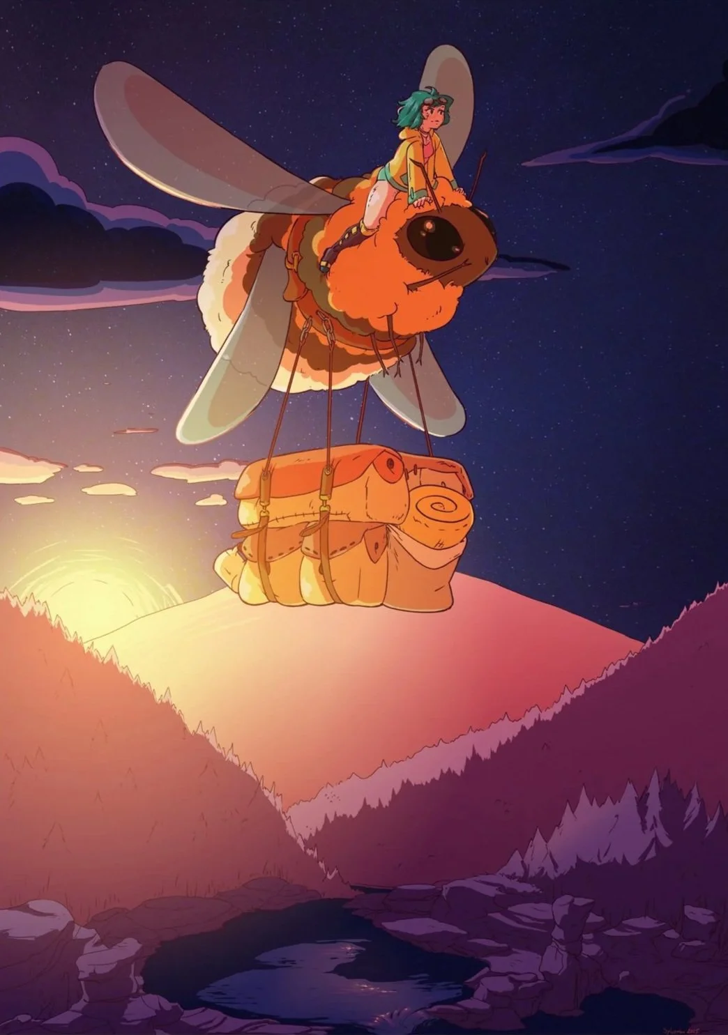 A person riding a giant bee flying over mountains at sunset.