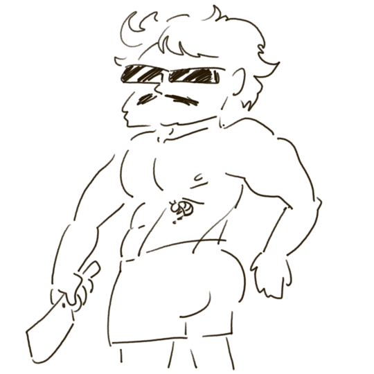 Line drawing of a muscular man with sunglasses and messy hair, wearing shorts, holding a knife.