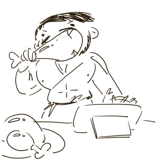 Sketch of a person at a table, eating a chicken drumstick, with a tablet in front.