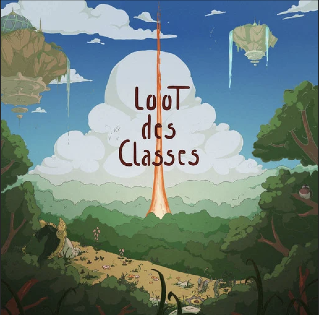 paysage fictionnel avec des iles flottante et un logo au centre de l'image