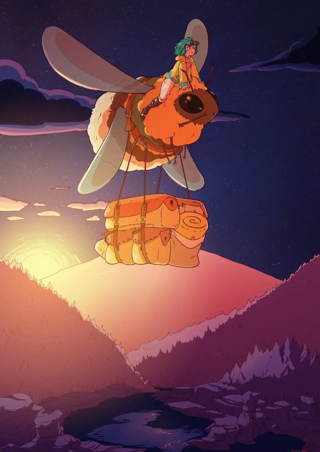 A person riding a giant bee flying over mountains at sunset.