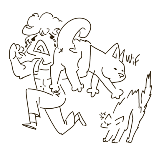Cartoon of a person crying and running while holding a Shiba dog, and another cat is angry behind.