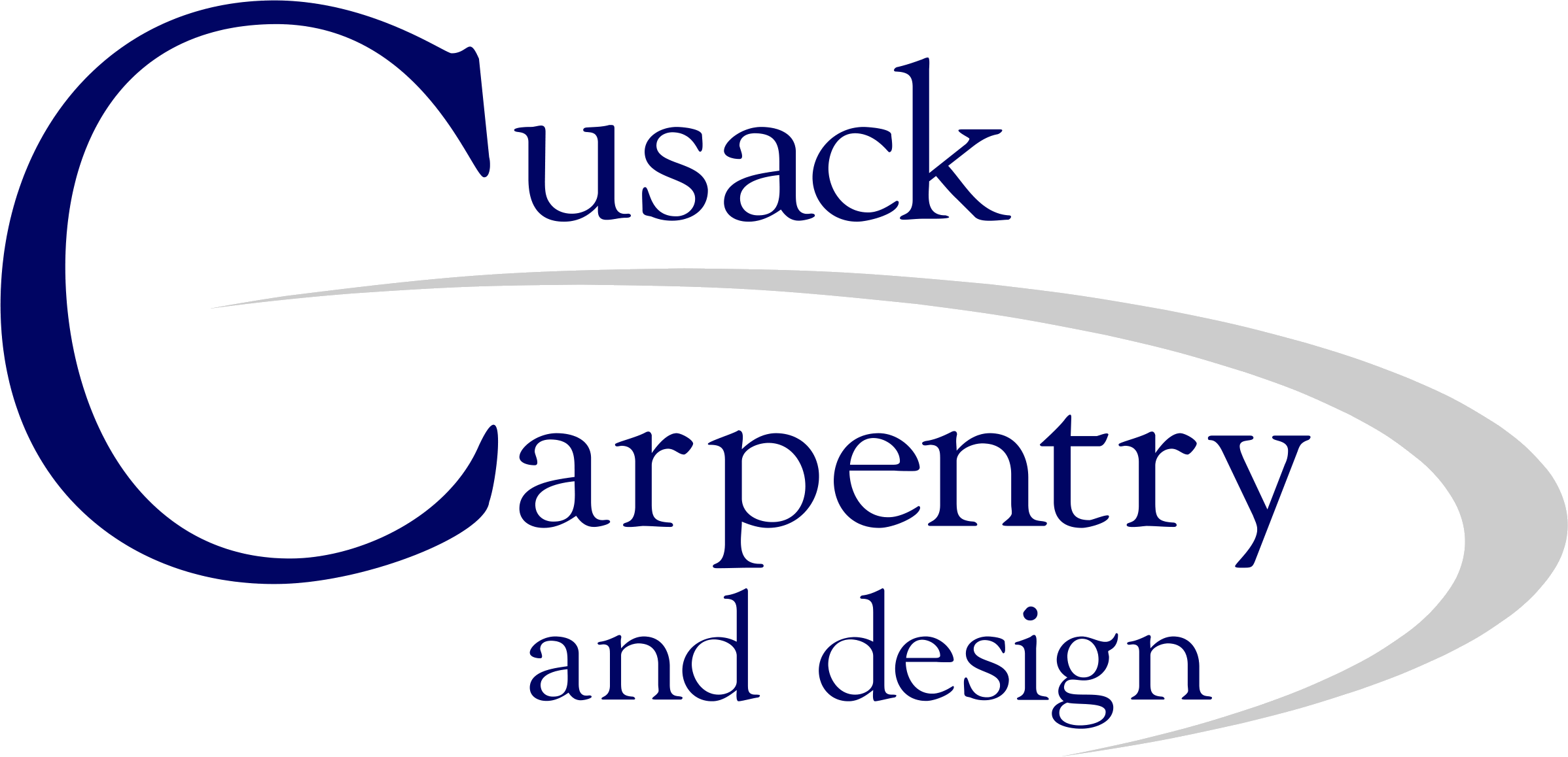 Logo for Cusack Carpentry and Design featuring stylized text and a swoosh design element.