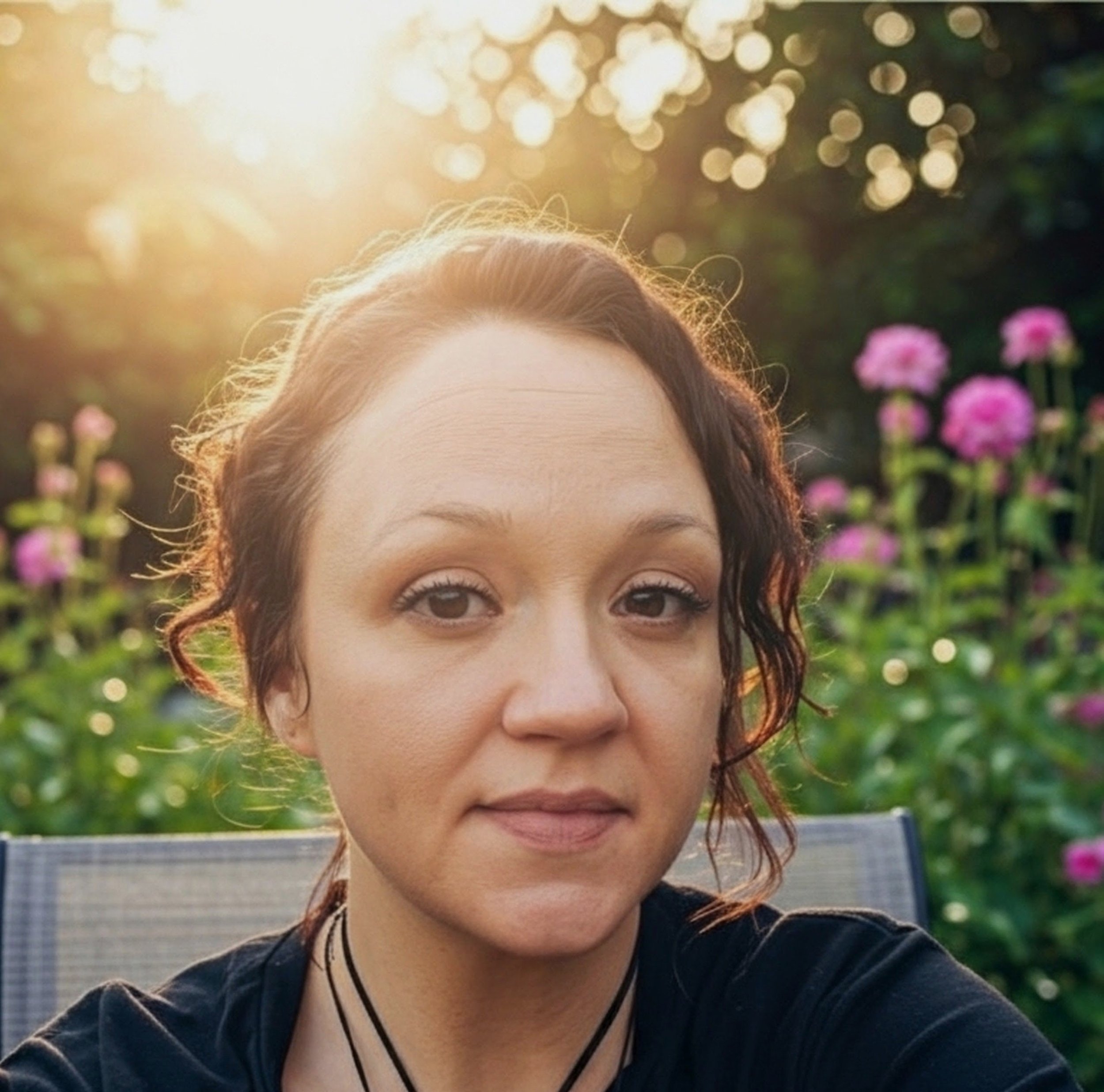 A woman with short curly hair sitting outdoors in sunlight, with pink flowers and greenery in the background.