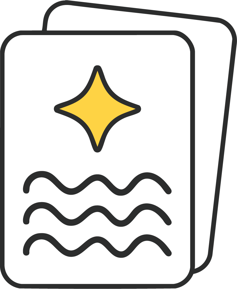 Illustration of a passport with a yellow star emblem and wavy lines.