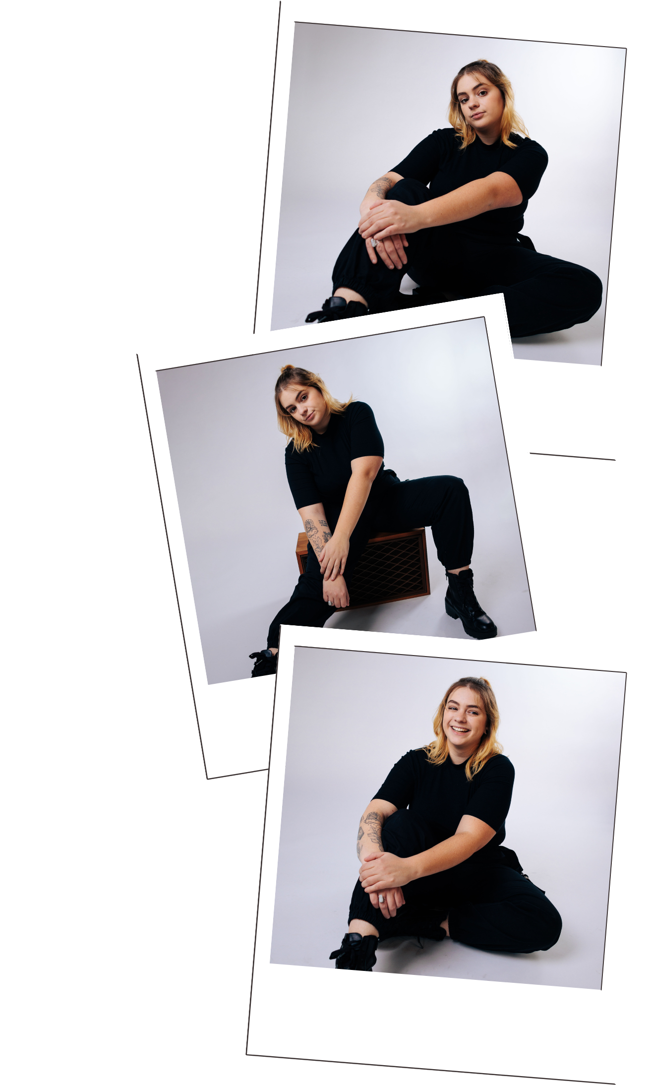Three photos of a young woman with blonde hair, tattooed arms, and black clothing, sitting and smiling against a plain white background. Brandi Pinette of Brandi Pinette Graphic Design.