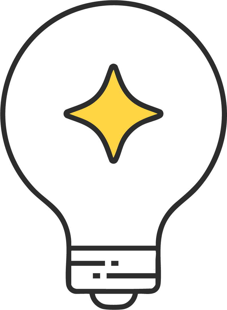 A graphic illustration of a light bulb with a yellow spark in the center, representing an idea or innovation.
