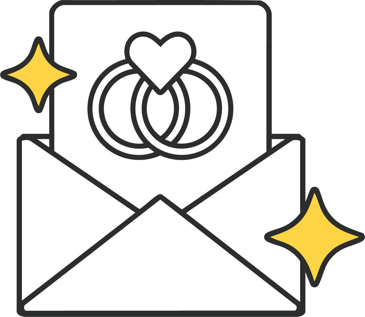 An envelope with a heart and two interlocking rings inside, surrounded by two sparkles.