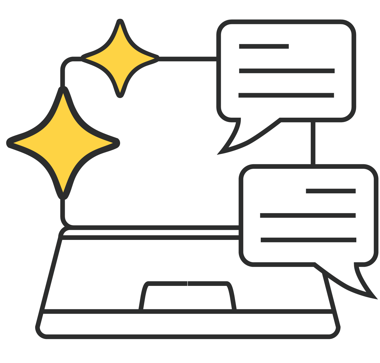 Outline illustration of a computer with two speech bubbles and two yellow sparkling stars.