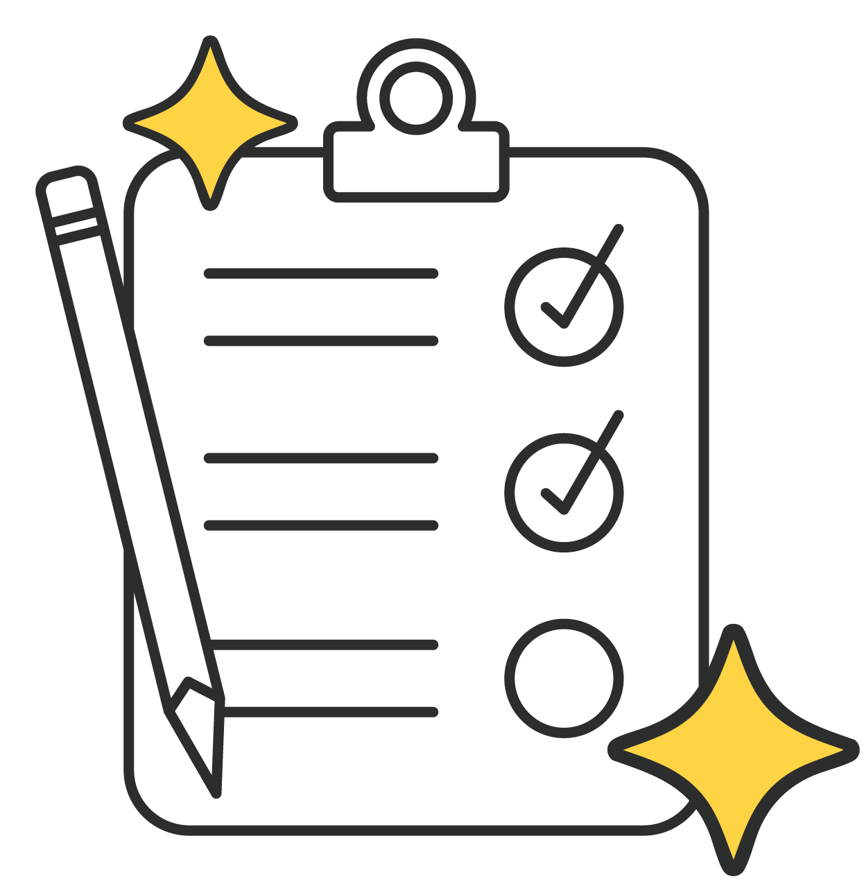 Outline of a clipboard with a checklist and a pencil, decorated with two yellow glittering stars.