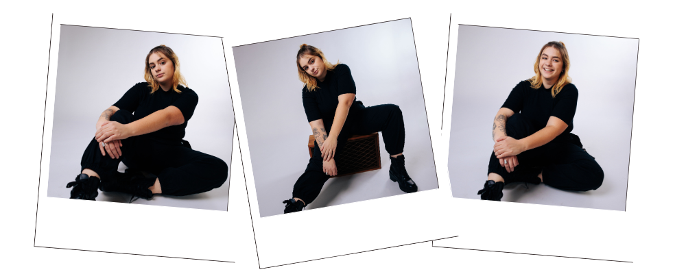 Three polaroid-style photos of a young woman with shoulder-length blonde hair, wearing a black t-shirt, black pants, and black shoes, posing against a plain white background, with relaxed and playful expressions.