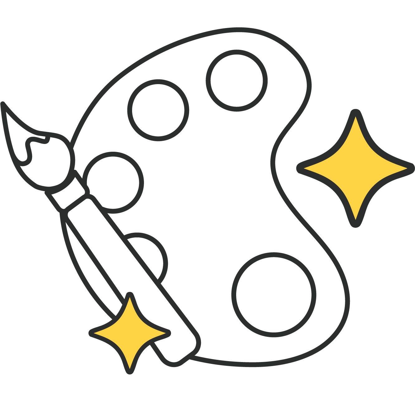Outline of an artist's palette with a paintbrush and two sparkling stars, representing creativity and art.