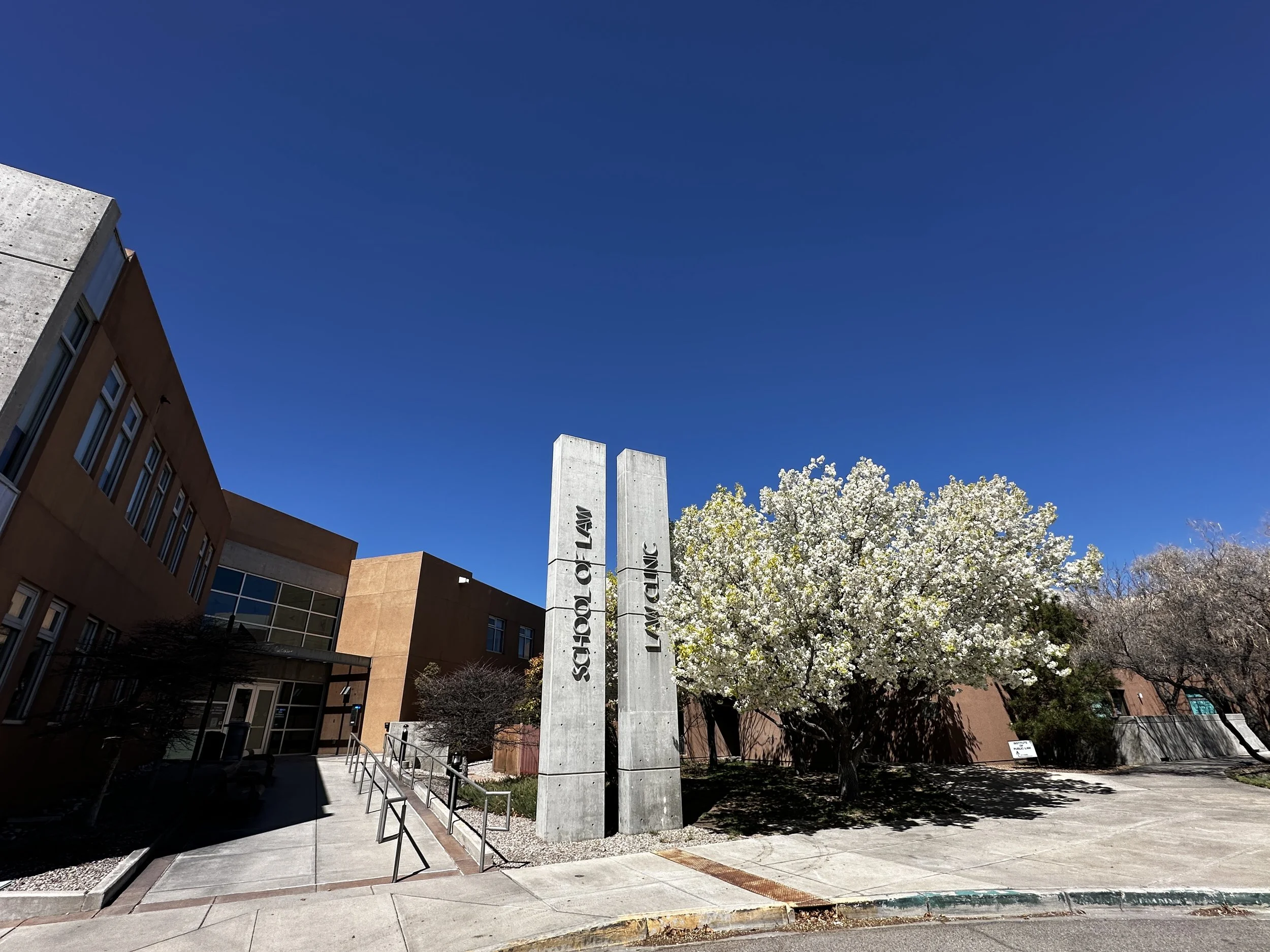 The image shows a cityscape with a building on the left, a clear blue sky, and a large concrete monument with engraved text. There are flowering trees with white blossoms in the background, and the scene includes a sidewalk with a railing.