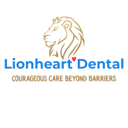 Lionheart Dental logo featuring a stylized lion's head, the name 'Lionheart Dental' in blue with a red heart dotting the 'i', and the slogan 'COURAGEOUS CARE BEYOND BARRIERS' in gold.