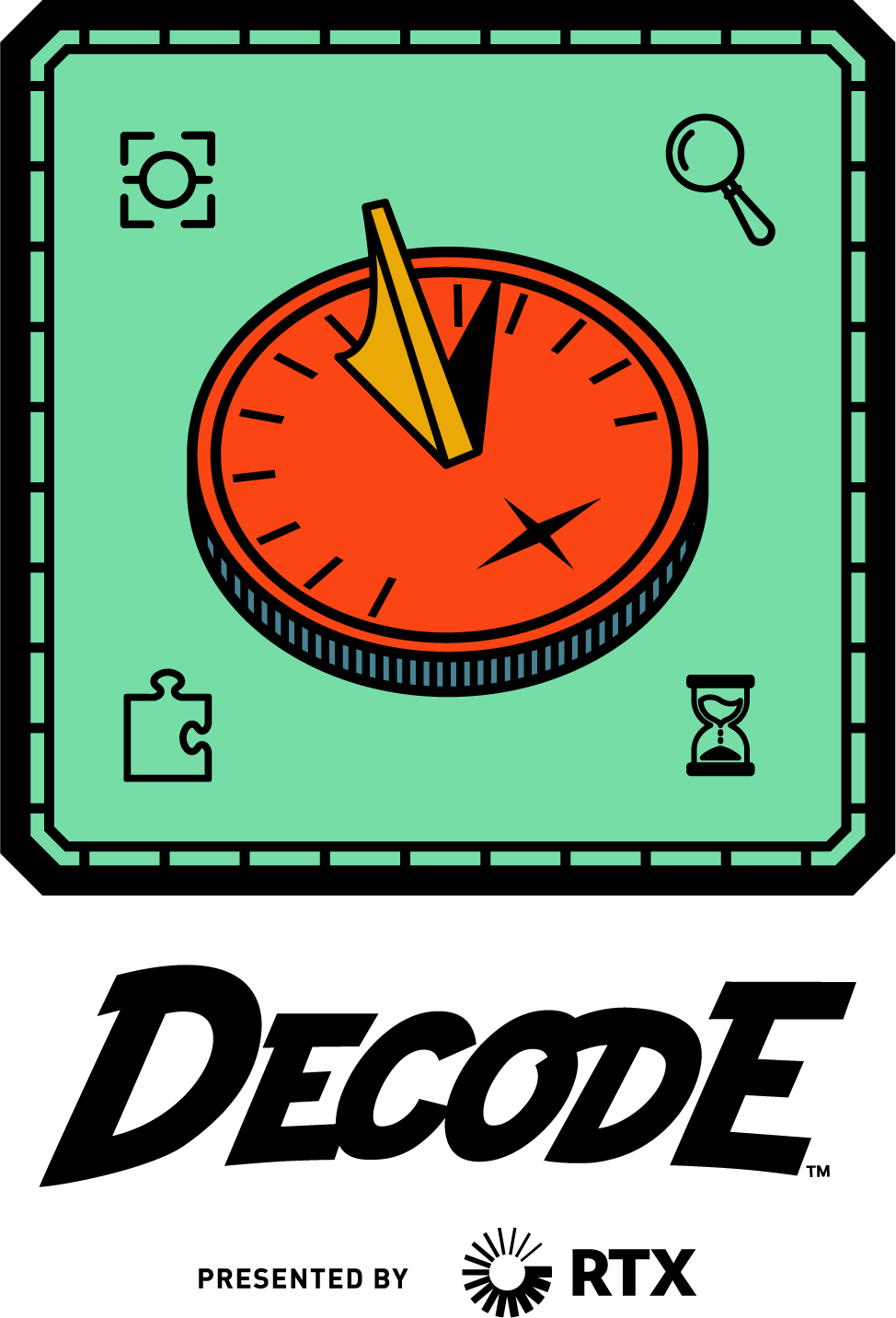 A digital illustration of a navigation device with a timer or compass, displaying a red circular dial and a yellow arrow pointing to the 11 o'clock position, surrounded by icons of a camera viewfinder, a magnifying glass, a puzzle piece, and an hourglass.