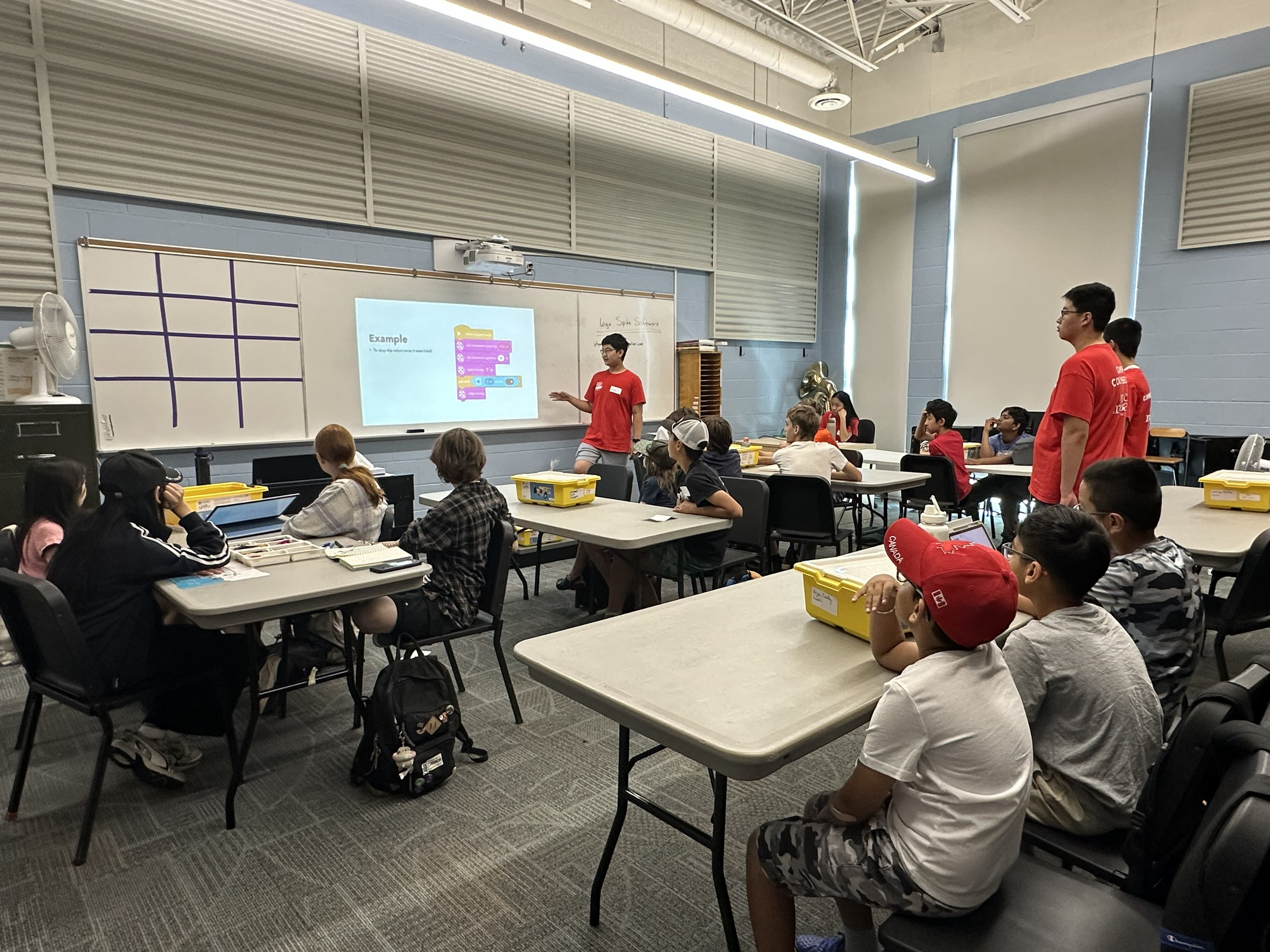 Classroom with students seated at tables watching a teacher at the whiteboard giving a presentation about block-based coding.